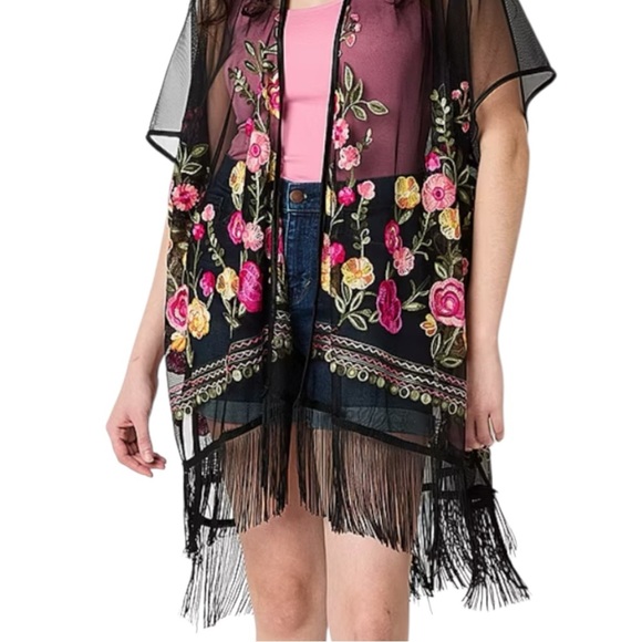 Jessica McClintock Kimono Open Cardigan Sheer Boho Embroidered Floral - Picture 2 of 8